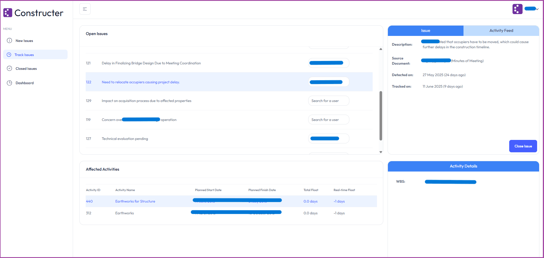 Screenshot of a Track Issues page from Constructer